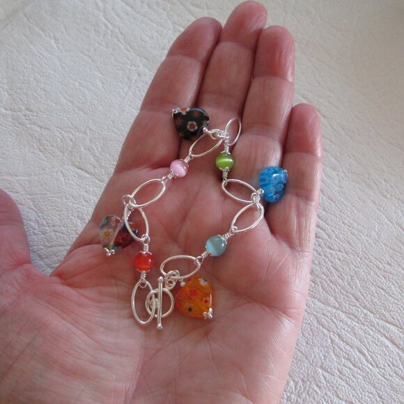 Sterling Silver Glass Beads and Heart Charms Bracelet - NEW - Picture 9 of 10